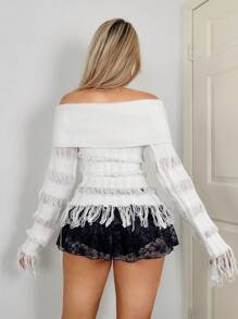 EgrlEra Suéter con hombros descubiertos, dobladillo con flecos y manga larga acampanada para mujer, atuendo navideño de invierno estilo Y2K