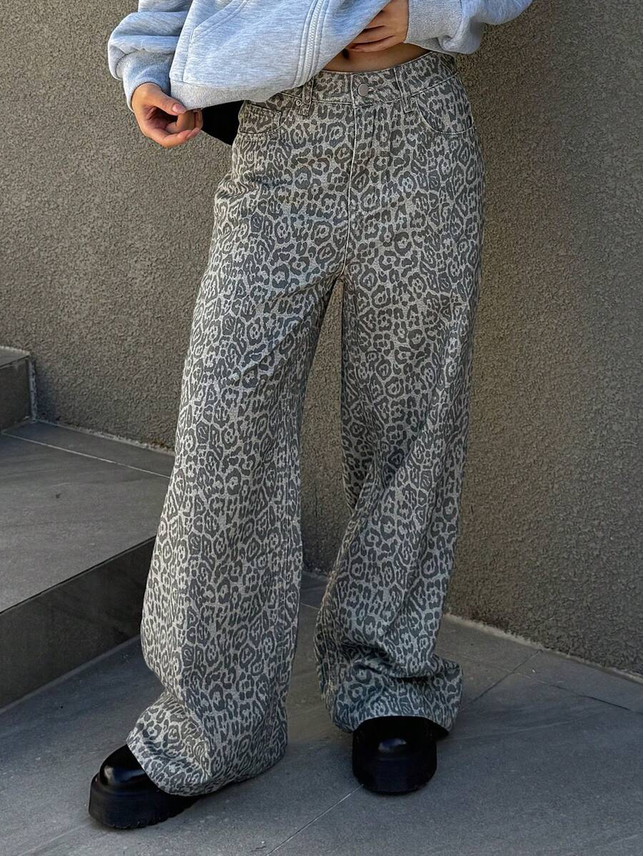 DAZY Leopard Print Flare Jeans With Pockets For Women - Dark Grey - View 1