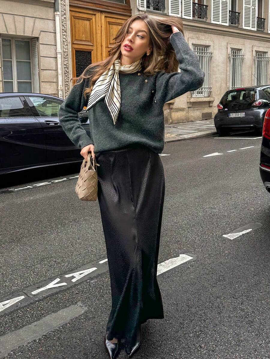 Chiquease Jupe imprimée décontractée taille haute ajustée à ourlet asymétrique pour femme, automne/hiver - Noir - Voir 1