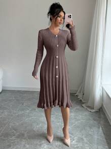 Elenzga Women's Solid Color Button Front Long Sleeve Casual Sweater Dress - Coffee Brown - View 4