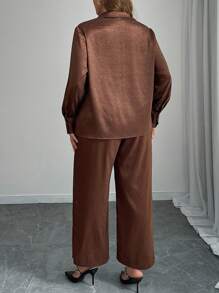 SHEIN LUNE 2pcs Plus Size Women Solid Color Woven Casual Outfit, For Autumn