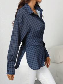 INAWLY Camisa casual de mujer con mangas largas, hombros caídos, estampado de cuadros y nudo frontal, otoño