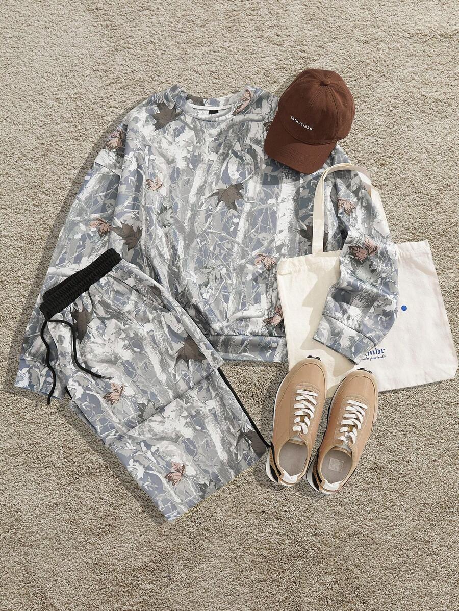 Manfinity VCAY 2 件男士日常休闲宽松针织长袖运动衫和松紧腰直筒裤套装，适合秋冬 - 彩色 - 查看 1