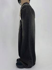 DAZY Quần Jeans Ống Rộng Rộng Có Dây Rút Màu Bạc Cho Nữ - Xám - Xem 8