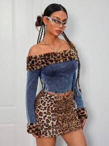 SHEIN ICON 蓝色女士牛仔上衣豹纹上衣单肩紧身上衣 Y2K 服装 - 彩色 - 查看 4