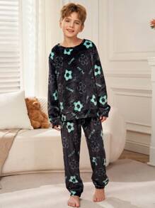 SHEIN Tween Boy 2 件足球图案圆领长袖上衣和法兰绒长裤睡衣套装，柔软舒适，适合秋冬季 - 黑色 - 查看 4