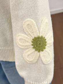 Tween Girls' Apricot All-Matching 3D Floral Cute Casual Loose Comfortable Sweater For Winter