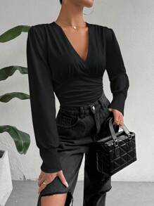 SHEIN Essnce 女士休闲纯色 V 领褶皱长袖紧身衣，秋季 - 黑色 - 查看 3