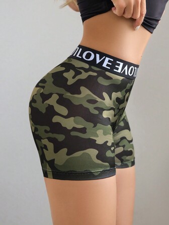 Eraneu Women's High Waist Sports Camouflage Print Contrast Color Letter Webbing Stitching Boyshorts