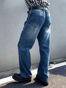 Claim Dot 男式深蓝色做旧洗水宽松阔腿牛仔裤 - 深色水洗藍 - 查看 2