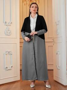 Al Najma Áo Abaya hở phía trước thanh lịch dành cho nữ với vải nhung kẻ và vải chắp vá kẻ caro, Áo Abaya Ả Rập dài tay hở giản dị thanh lịch, dành cho trang phục thường ngày/tiệc tùng - Xám - Xem 7