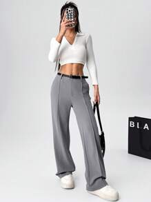 Muchica Women's Plain Color Toothpick Stripe Design Straight Leg Loose Fit High Waist Pants With Belt - Grey - View 6