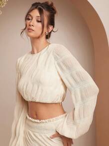 L'Amorae 女士简约优雅纹理灯笼袖宽松衬衫，秋季 - 杏色 - 查看 7