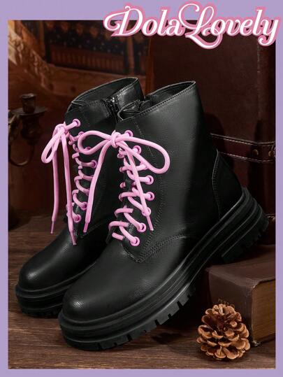 Dola Lovely بوت كاحل كاجوال بألوان متباينة وأربطة مناسبة للسيدات، ملائمة لموسم الخريف والشتاء لأجواء عيد الميلاد ورأس السنة الجديدة