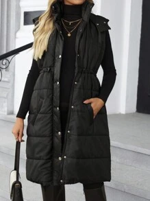 SHEIN Maternity Autumn/Winter Casual Warm Drawstring Waist Zip-Up Hooded Padded Vest Jacket