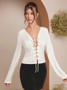 L'Amorae 1pc Women's Solid Color Eyelet Tie Design Inset Long Sleeve Fashion Top, Autumn - White - View 4