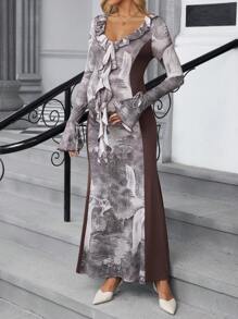 SHEIN Vestido de maternidad con cuello y mangas con volantes elegantes, cintura ajustada con lazo, estampado de pintura de paisaje, moda para salidas, sesiones de fotos, té por la tarde, para fiestas
