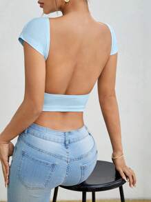 SHEIN PETITE 2 件套女士露背圆领短袖紧身短款 T 恤，适合夏季 - 寶藍色 - 查看 10