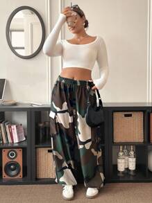 Calvaya Pantalones cargo de talla grande con estampado de camuflaje y cintura con cordón - Multicolor - Ver 6