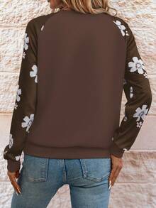 SHEIN LUNE 花卉印花圆领休闲插肩袖运动衫 - 棕色 - 查看 2