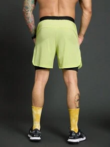 Acti Log Quần short thể thao hai lớp cạp chun màu tương phản phong cách bạn trai dành cho nam, thường ngày và thể dục - màu xanh lá - Xem 2