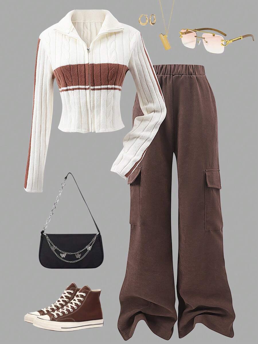 SHEIN 2pcs Set Teenage Girls Zip-Up Collar Warm Sweater & Retro Style Cargo Pants - Multicolor - View 1