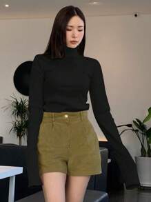 DAZY Áo thun cổ lọ màu trơn ôm vừa vặn dành cho nữ, phù hợp với thời tiết xuân, hè và thu, áo dài tay dành cho nữ, quần áo mùa thu cho nữ - màu đen - Xem 5