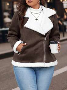 Calvaya 秋冬季大码拼色翻领羊毛夹克 - 咖啡棕 - 查看 4