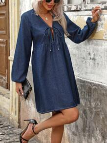 SHEIN LUNE Women's Tie Front Long Sleeve Ruched Minimalist Short Denim Dress