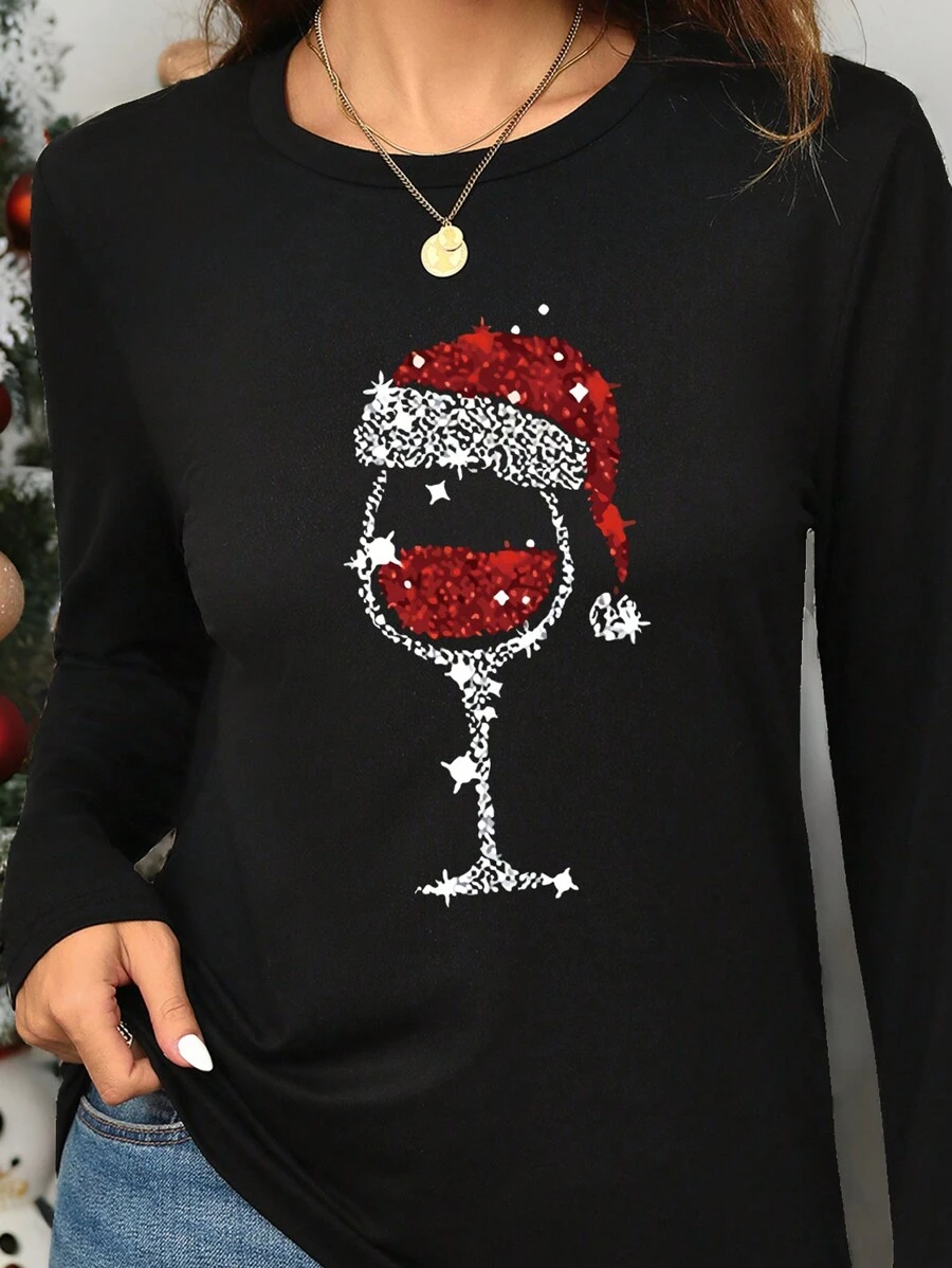 Chiquease Áo thun nữ tay dài cổ tròn họa tiết ly rượu vang và mũ ông già Noel thời trang mùa xuân - màu đen - Xem 1