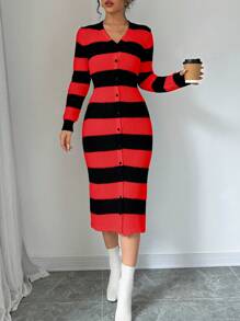 SHEIN Unity Women V-Neck Color Block Striped Print Button Front Long Sleeve Sweater Dress - Red - View 5