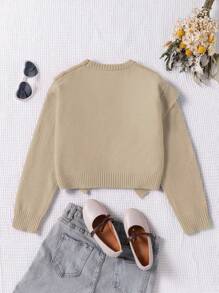 Suéter de cuello redondo para chicas preadolescentes, color rosa rojo, nuevo para otoño e invierno, adecuado para Navidad, Año Nuevo, de corte corto, diseño asimétrico con volantes, y estilo de moda, apropiado para el hogar, vacaciones, escuela, fiesta y talla grande - Caqui - Ver 2