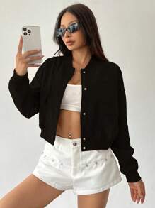 Flirla Casual Snap Button Open Front Loose Fit Baseball Jacket, For Autumn