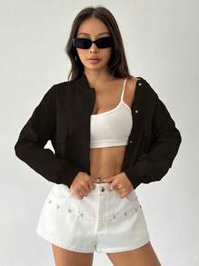 Flirla Casual Snap Button Open Front Loose Fit Baseball Jacket, For Autumn