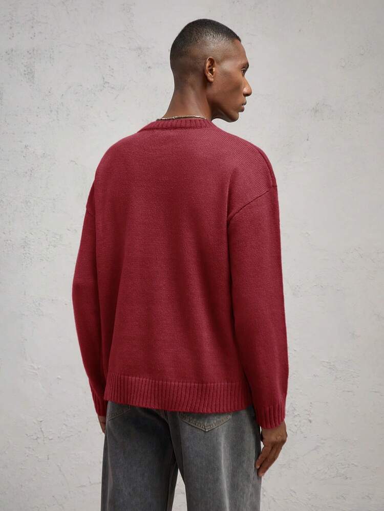Men's Loose Knitted Crew Neck Drop Shoulder Casual Long Sleeve Sweater, Color Patchwork Wine Red, Suitable For Autumn & Winter