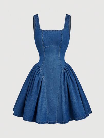 SHEIN MOD 1pc Women's Elastic Waist Ruffle Denim Dress, Summer Fashion