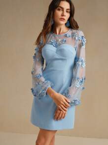 Anewsta 新年除夕花卉拼布透明优雅女式连衣裙，秋季 - 藍色 - 查看 3