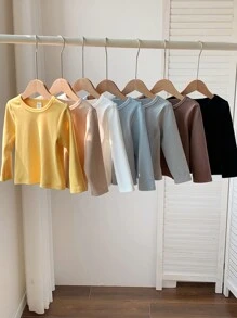 SHEIN Conjunto de 7 camisetas de manga larga de punto de unicolor, ideales y versátiles para niños y niñas pequeños en otoño/invierno
