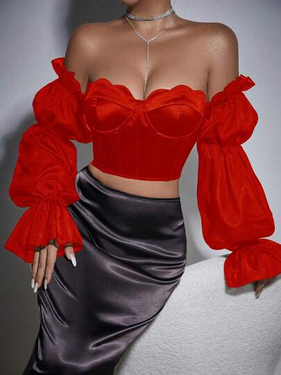 Allurite Blusa elegante de mujer con hombros descubiertos y detalles en los puños, adecuada para la temporada de otoño y fiestas de Año Nuevo