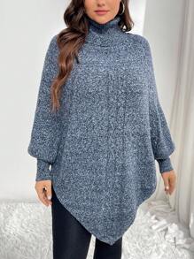 SHEIN LUNE 大码女式高领蝙蝠袖长袖纽扣设计宽松休闲毛衣套头衫，秋冬