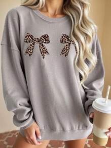 INAWLY 休闲宽松豹纹蝴蝶结装饰羊毛圆领长袖运动衫，适合秋冬季 - 灰色 - 查看 1