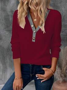 SHEIN LUNE 女士休闲撞色边饰长袖 T 恤，适合秋季日常穿着新年衣服 - 紅色 - 查看 1