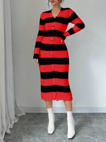 SHEIN Unity Women V-Neck Color Block Striped Print Button Front Long Sleeve Sweater Dress - Red - View 6