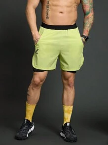 Acti Log Quần short thể thao hai lớp cạp chun màu tương phản phong cách bạn trai dành cho nam, thường ngày và thể dục - màu xanh lá - Xem 1