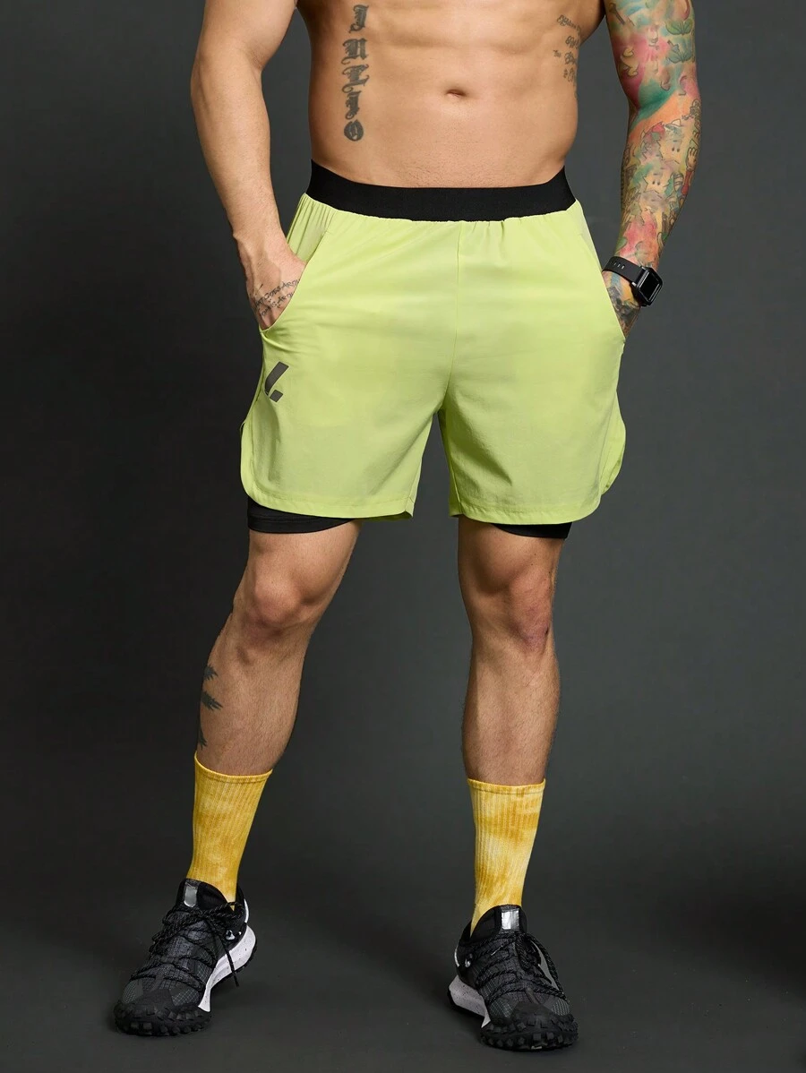 Acti Log Quần short thể thao hai lớp cạp chun màu tương phản phong cách bạn trai dành cho nam, thường ngày và thể dục - màu xanh lá - Xem 1