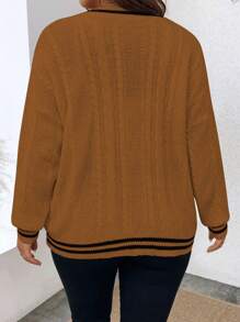 Calvaya 大码女式条纹落肩长袖单排扣宽松休闲开衫，秋冬 - 棕色 - 查看 2