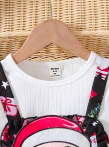 2 件装年轻女孩圣诞系列套装，纯色盖袖长袖针织毛衣上衣 + 圣诞老人图案围兜连衣裙，春秋季 - 彩色 - 查看 4