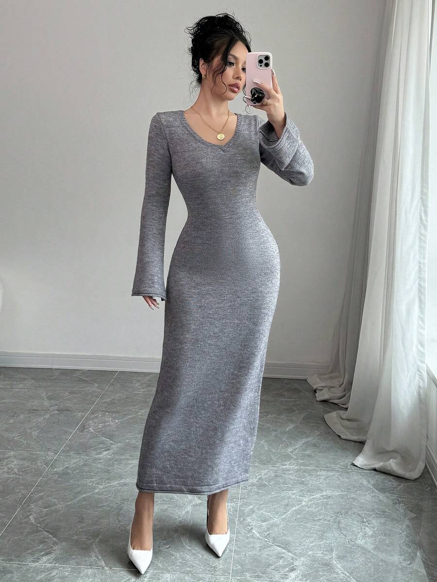 Elenzga Tiefer V-Ausschnitt Glockenärmel eng anliegendes langärmliges Cardigan Kleid, eleganter, lässiger und bequemer Damen Sweater Kleid - Grau - Übersicht 1
