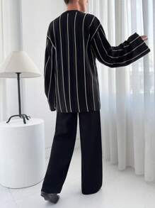 SHEIN Cottnline Pleated Striped Pullover Pant Knit Set - Black - View 3