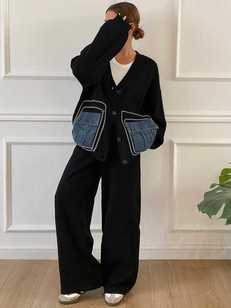 Women's Solid Color Drop Shoulder Long Sleeve Single Breasted Loose Casual Cardigan For Autumn/Winter,Long Sleeve Tops